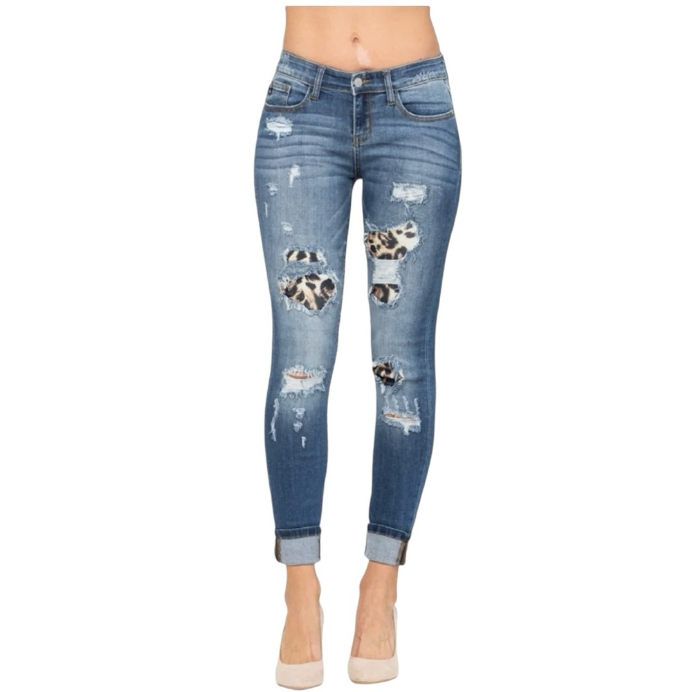 JUDY BLUE Skinny Fit Leopard Patchwork Blue Distressed Jeans 1XL